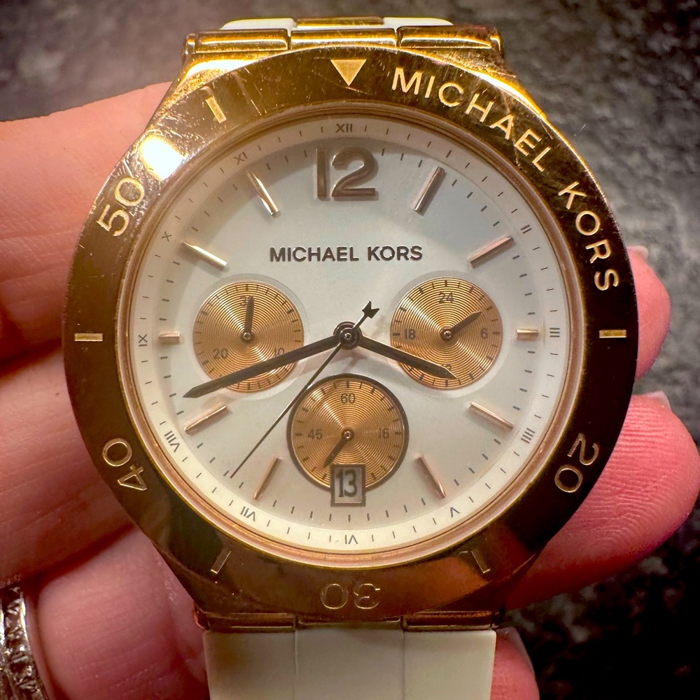 Michael Kors Rose gold & white band watch